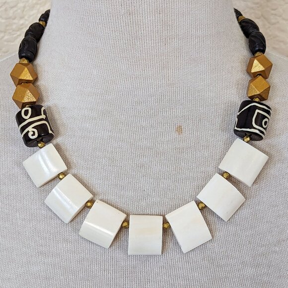 Southwestern Black Cream & Gold Necklace Carved Wood Statement Necklace